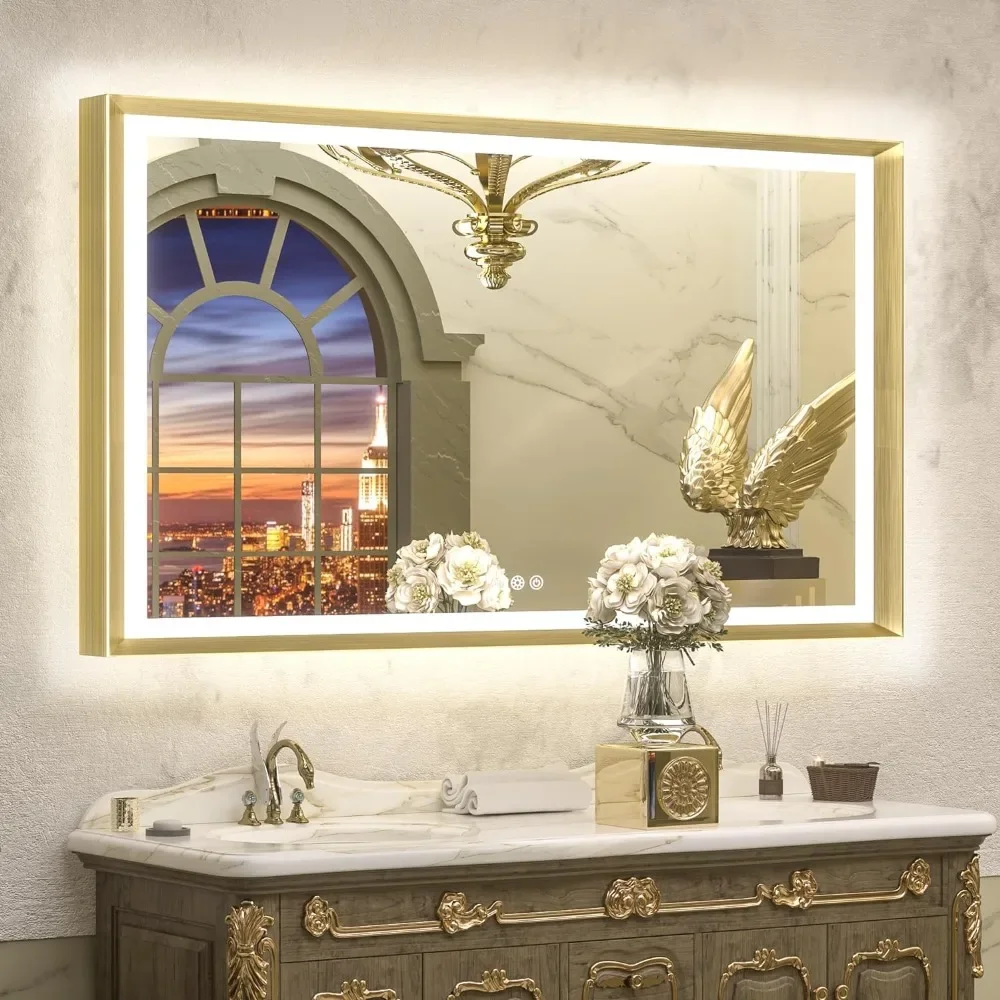 

48x30 LED Bathroom Mirror with Lights Gold Metal Framed Front & Back Light Dimmable White/Warm/Natural,