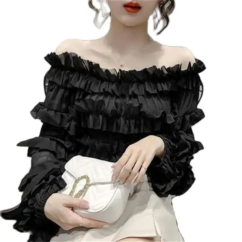 2023 Autumn New Off Shoulder Chiffon Long Sleeve Sweet Temperament Fashion Sexy Versatile Chiffon Top Women Cardigan Breathable