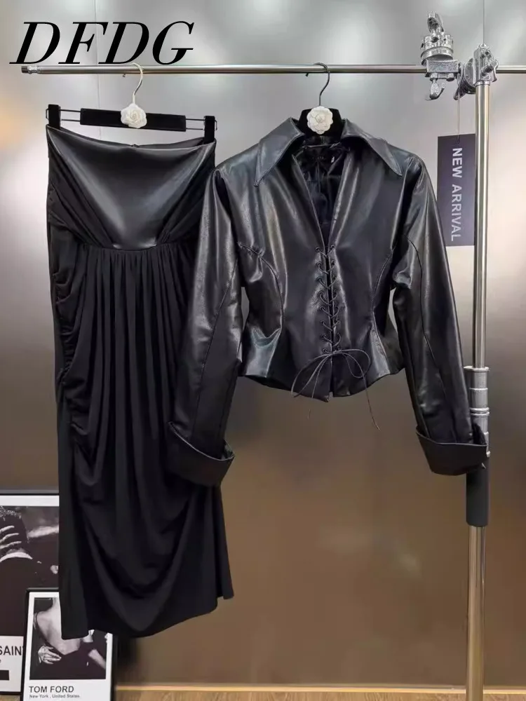 

DFDG женский весенне-летний черный кожаный топ со шнуровкой и рюшами, острый повседневный комплект для вечеринок, 2026, модный женский модный комплект