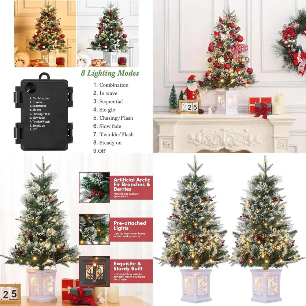 

78-LED Fiber Optic Christmas Tree with Snowflake Base, 8 Modes, Red Berries, 2-Piece, Holiday Ready