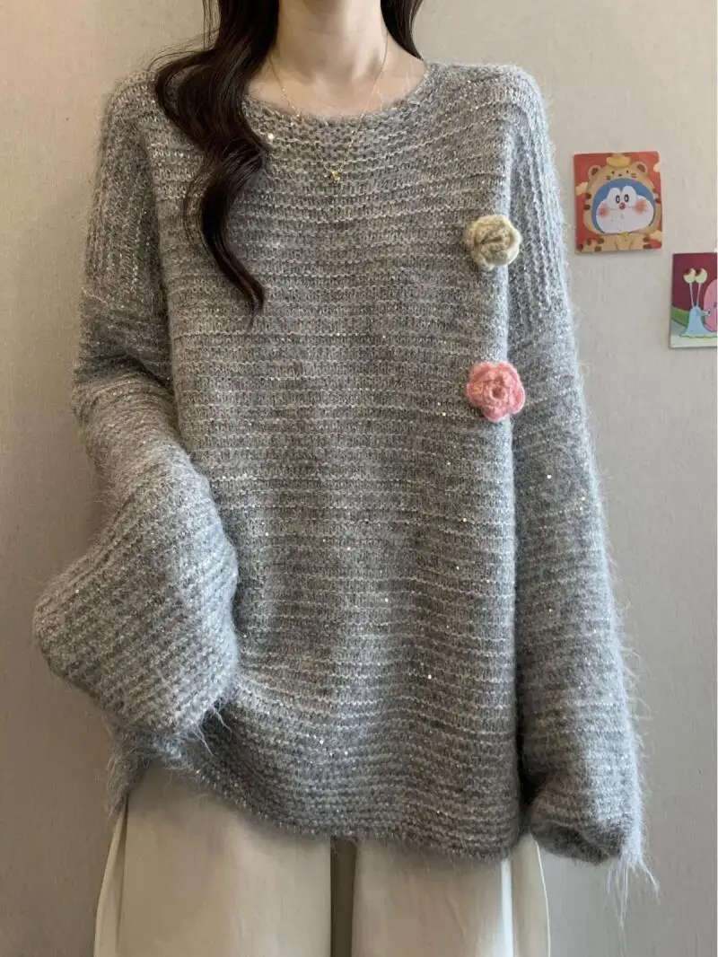 스웨터 니트웨어 여성 플러스 사이즈 아름다운 꽃무늬 회색 스웨터 여성 니트웨어 긴팔 탑 가을 겨울용