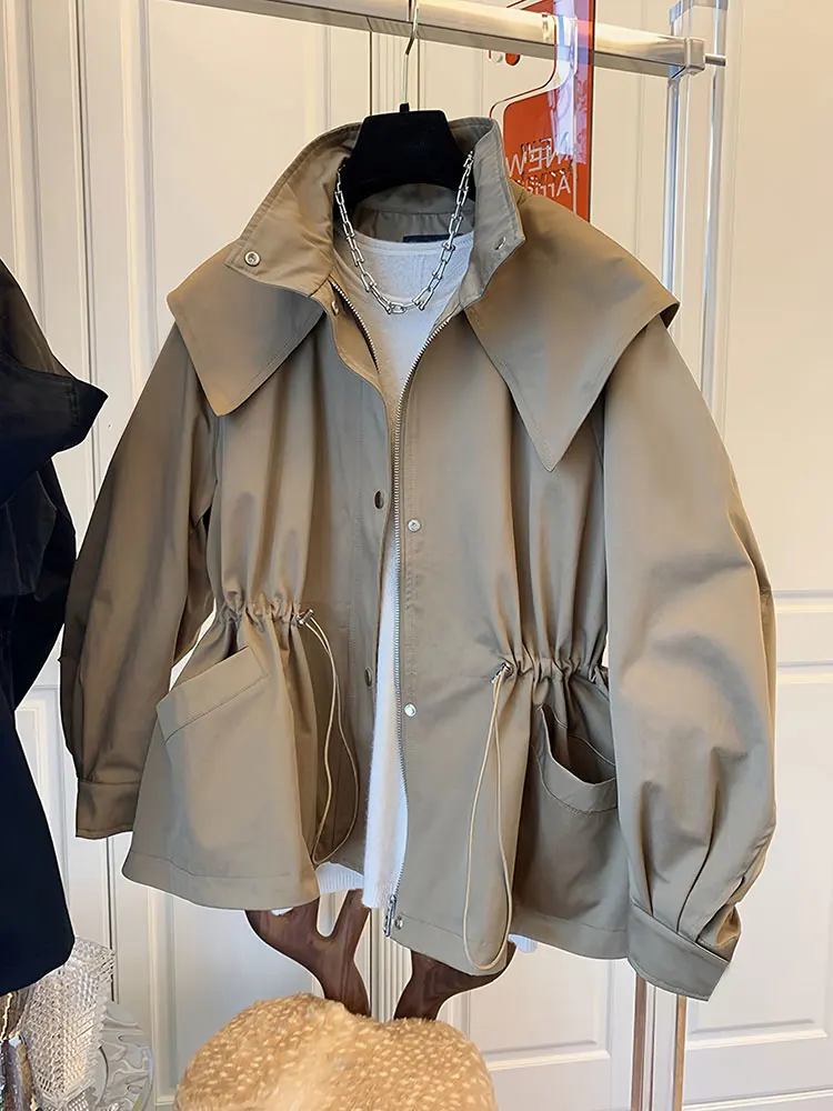 

New Elegant With Pocket Zipper Hooded Windbreaker Jacket Solid Embedded Buttons Hidden Belt Slim Woman Clothes Coats Black Tops