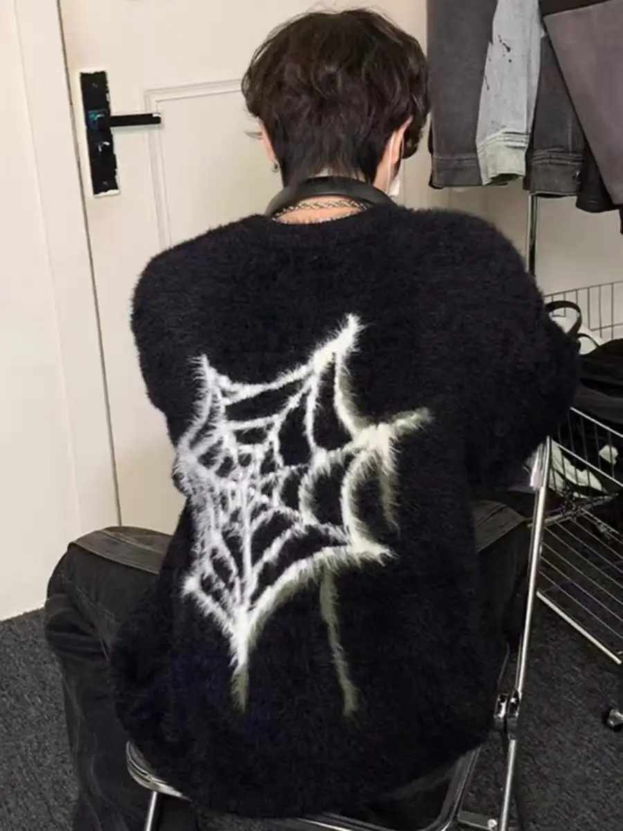 

k Spider Embroidered Knitwear Men's Retro Lazy Sle Loose Fit Sweater Autumn Winter Casual Faion Soft Long Sve round...