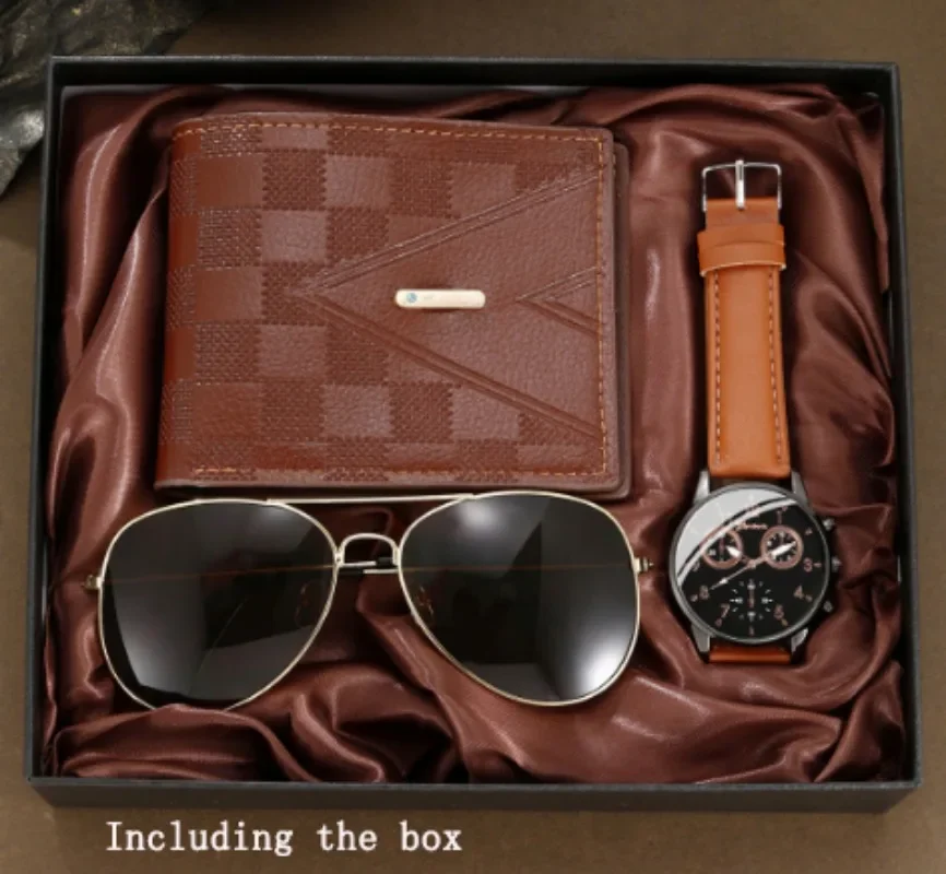 AAABCCross border 2025 hot selling GENEVA fake three eye personalized belt watch wallet sunglasses 3pcs gift box set