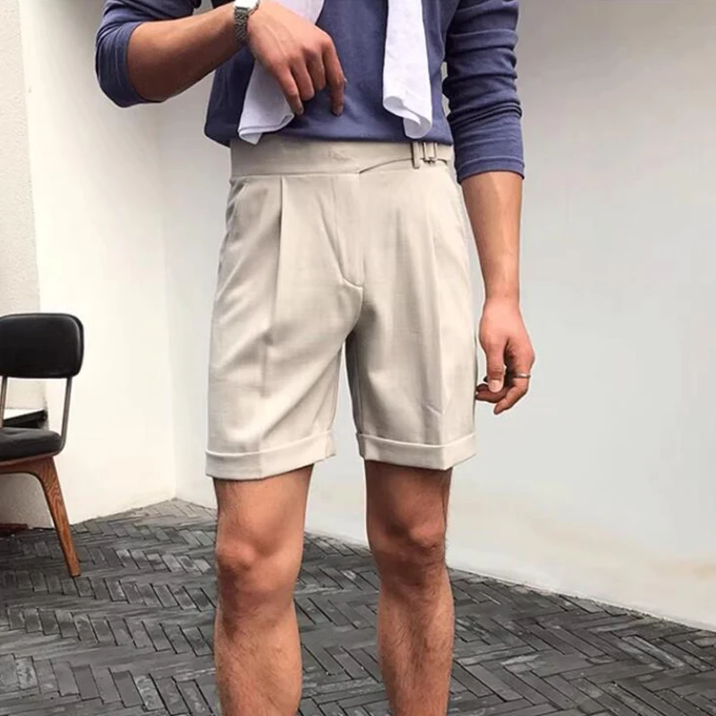 Vintage Lace-up High Waist Shorts Men Spring Summer Fashion Pure Color Loose Short Pant For Mens New Casual Straight Shorts Male