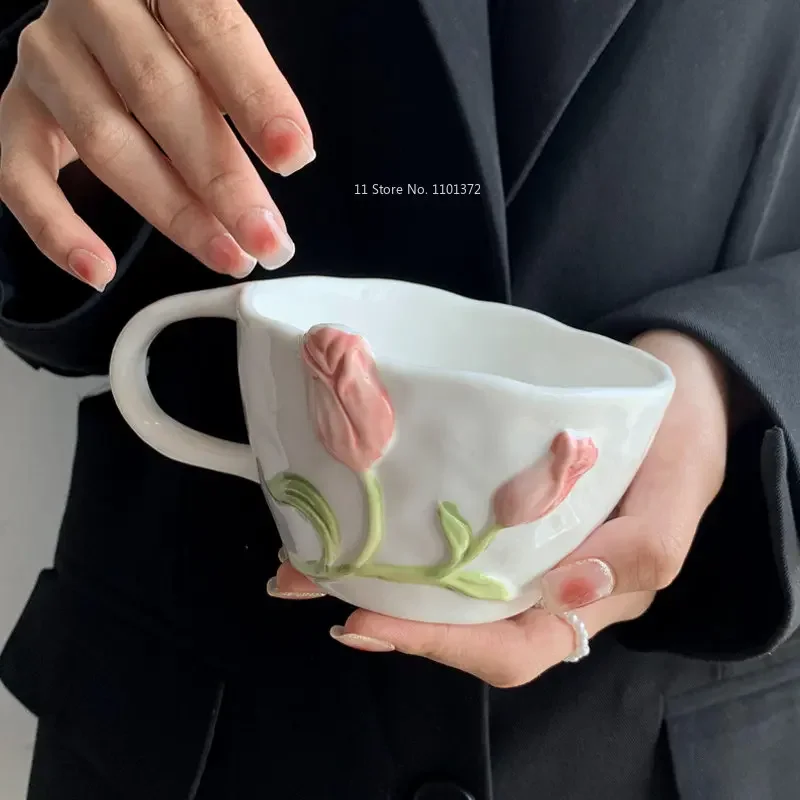 Tulip ceramic cup design three-dimensional relief mug with handle coffee cup retro household milk cup