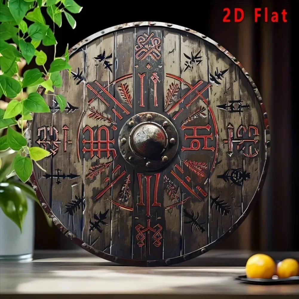 2D Flat, 12" Round Vintage Viking Shield Metal Wall Hanging Sign - Rustic Aluminum Norse Runic Decor with Crossed Axes view 3