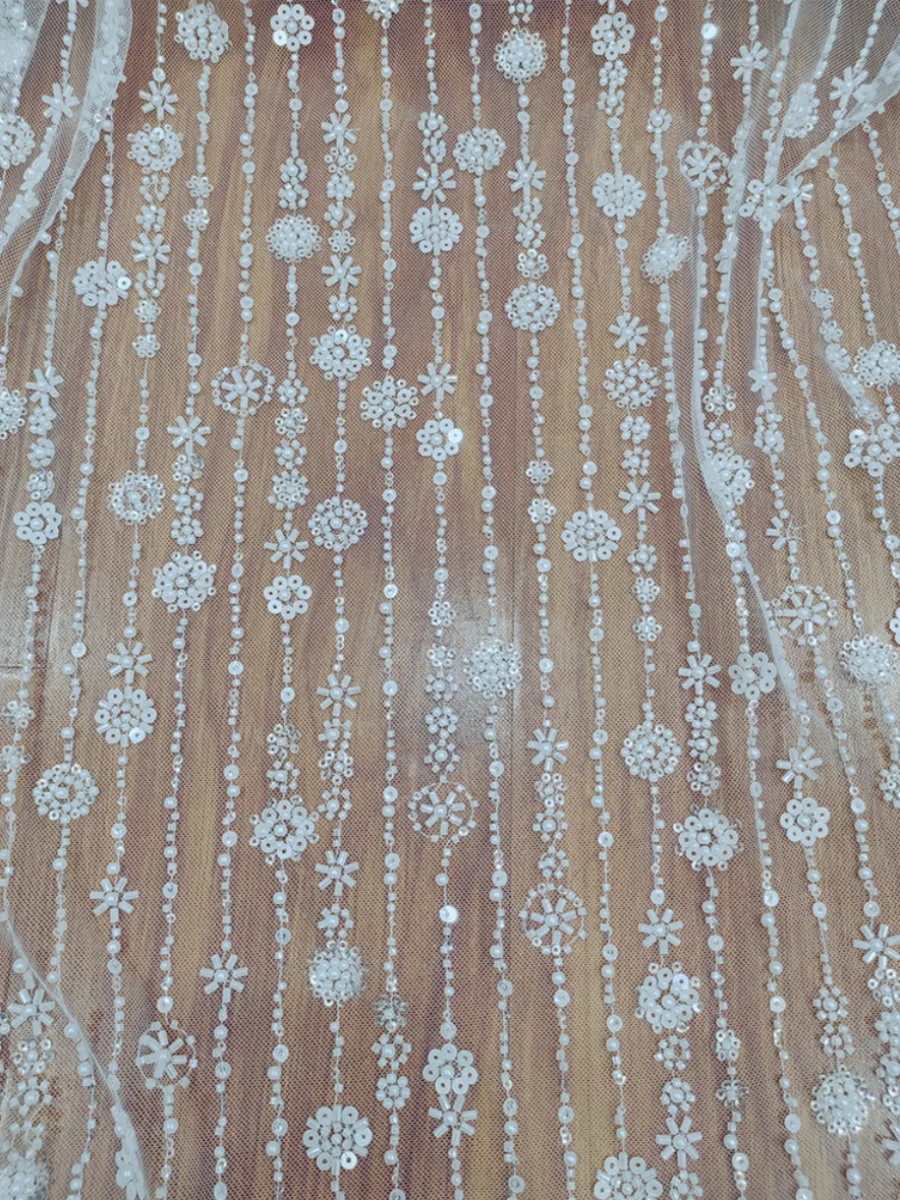 Milk White Sequins Beading Cloth, Bridal Dress Accessories, Striped Flower, 3D Lace Fabric