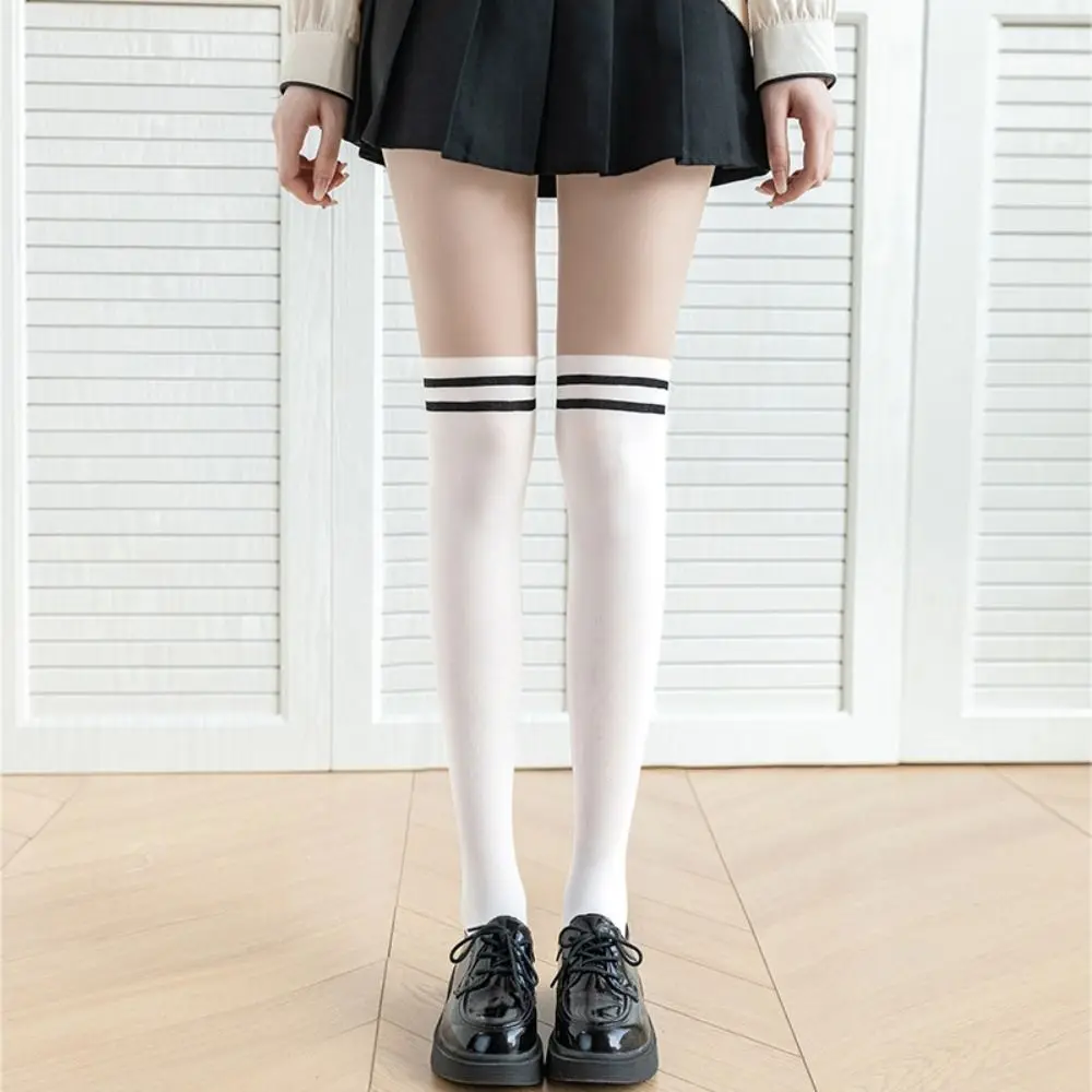 안티훅 나일론 스트라이프 스플라이싱 팬티스타킹 얇은 무봉제 여성 스타킹 가짜 종아리 양말 가짜 하이 튜브 니 타이츠 소녀용