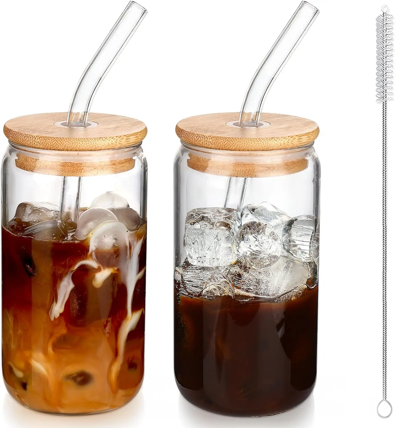 

16 oz Glass Cups with Lids and Straws, Set of 2 - Reusable Iced Coffee Tumblers, Ideal for Home or Gifts