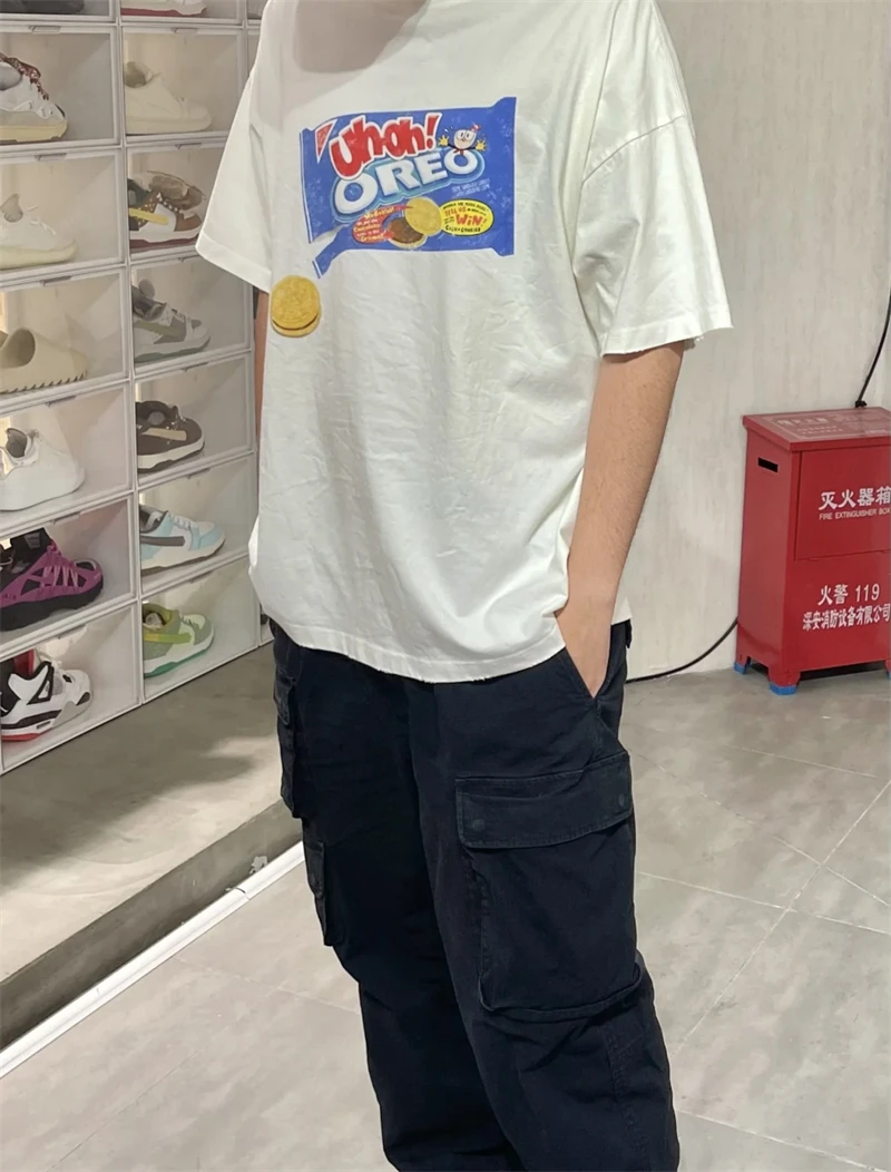 

INS Creative Fun Print Pure Cookie Pattern Cartoon Vintage Cotton Short sleeved High Street Casual Loose Street Clothing T-shirt