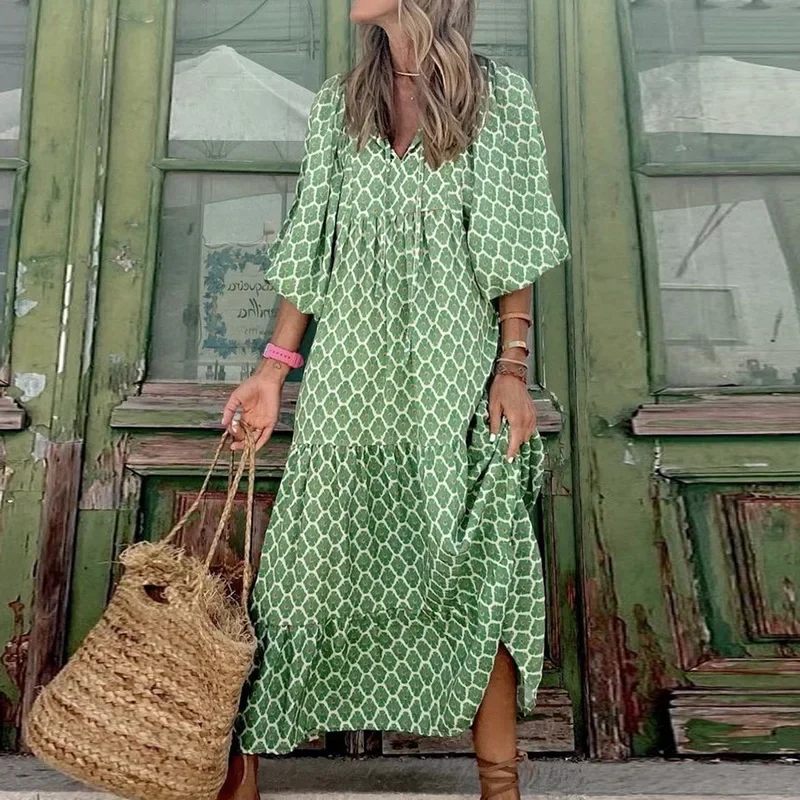 Abito lungo Boho con maniche a sbuffo elegante donna estate 2023 Casual floreale con coulisse scollo a v abiti larghi da spiaggia per le vacanze