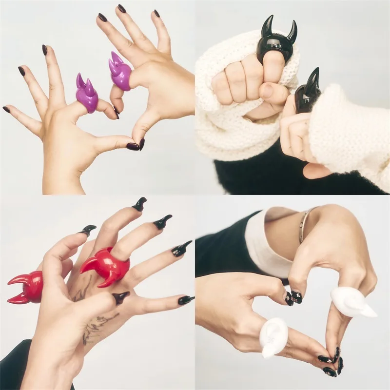 HANGZHI Y2K Cute Playful Devil's Horn Resin Ring Gothic Style Personalised Jewelry for Women Girls INS 2025 New