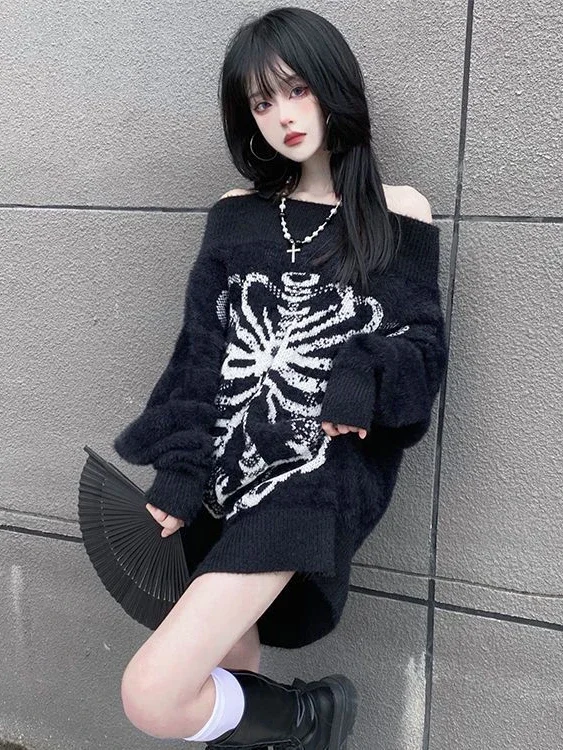 Qweek gótico harajuku crânio blusas womne pullovers y2k goth punk de malha preto tops de manga comprida 2022 malhas de outono menina legal