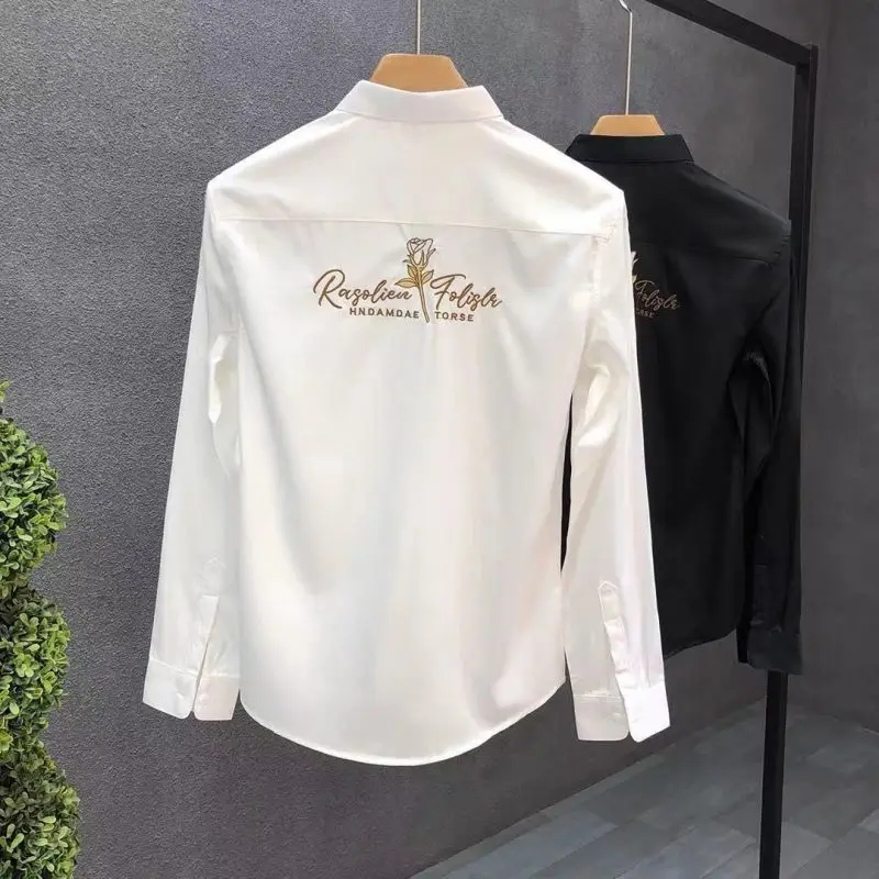 2024 New Spring and Autumn Advanced Design Sense Fashion Trend Flip Collar Embroidered Slim Fit Leisure Business Elastic Shirt