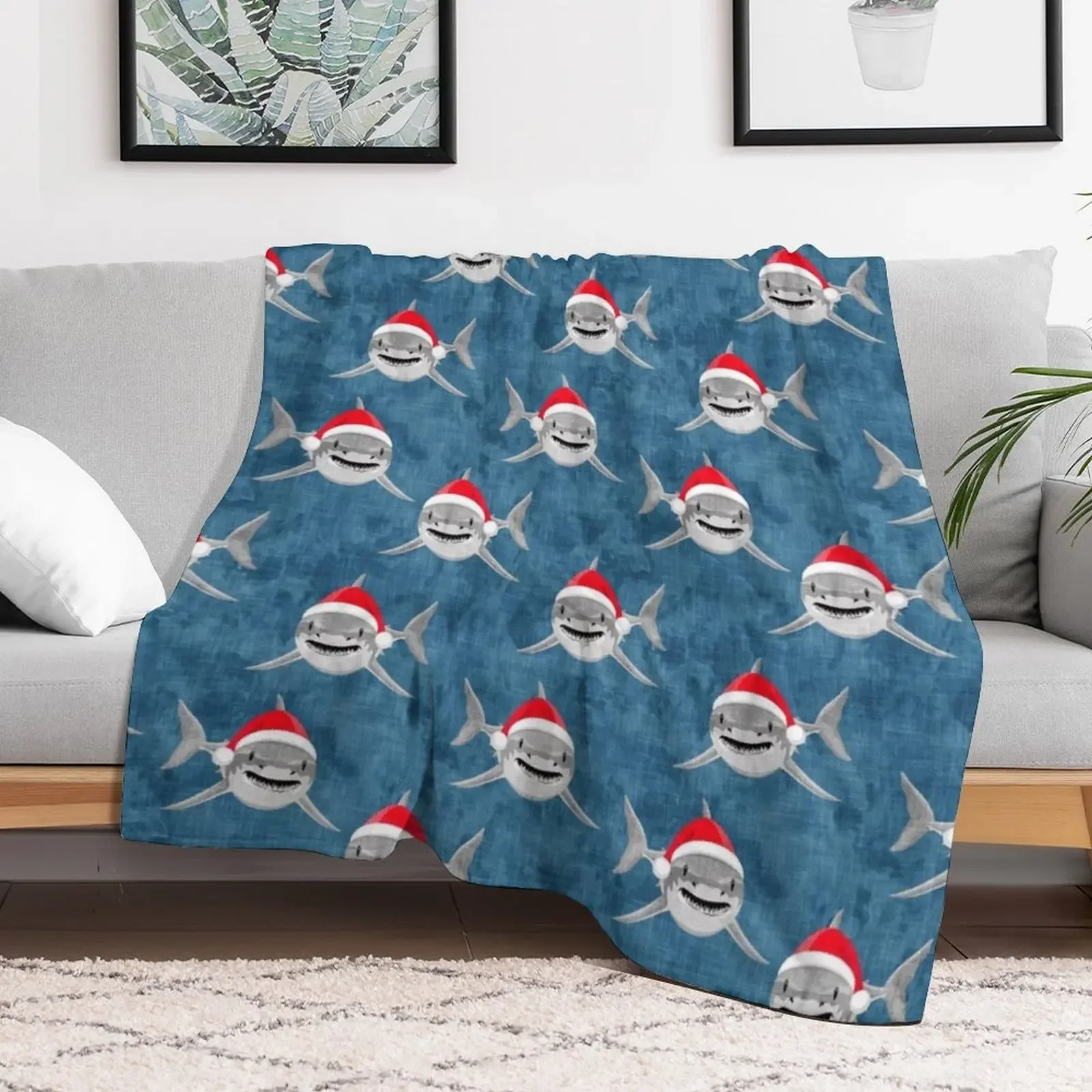 Santa Sharks - blue - Christmas shark Throw Blanket christmas decoration Retros Personalized Gift Blankets