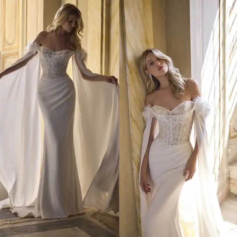 Elegant Wedding Dresses Off Shoulder Feather Decor Mermaid Gown Draped Satin Bodice Bridal Wedding Banquet Customized