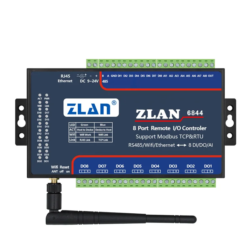 

8 Ports DI DO AI MQTT Modbus TCP MQTT Wifi Remote Control IO Controller ZLAN6844