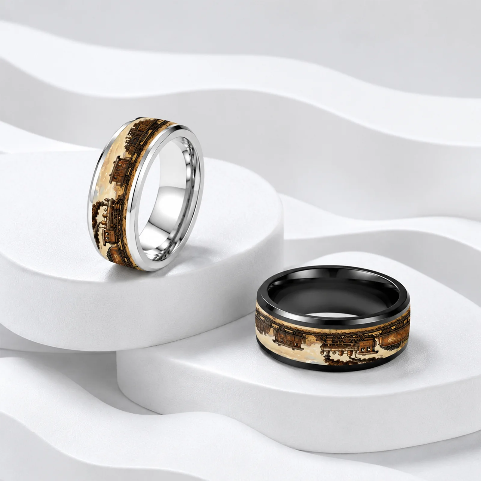 2Pcs/Set 8MM Vintage Oil Painting Stainless Steel Rings Set Polished Unique Double Beveled Black And White Stainless Steel Ring