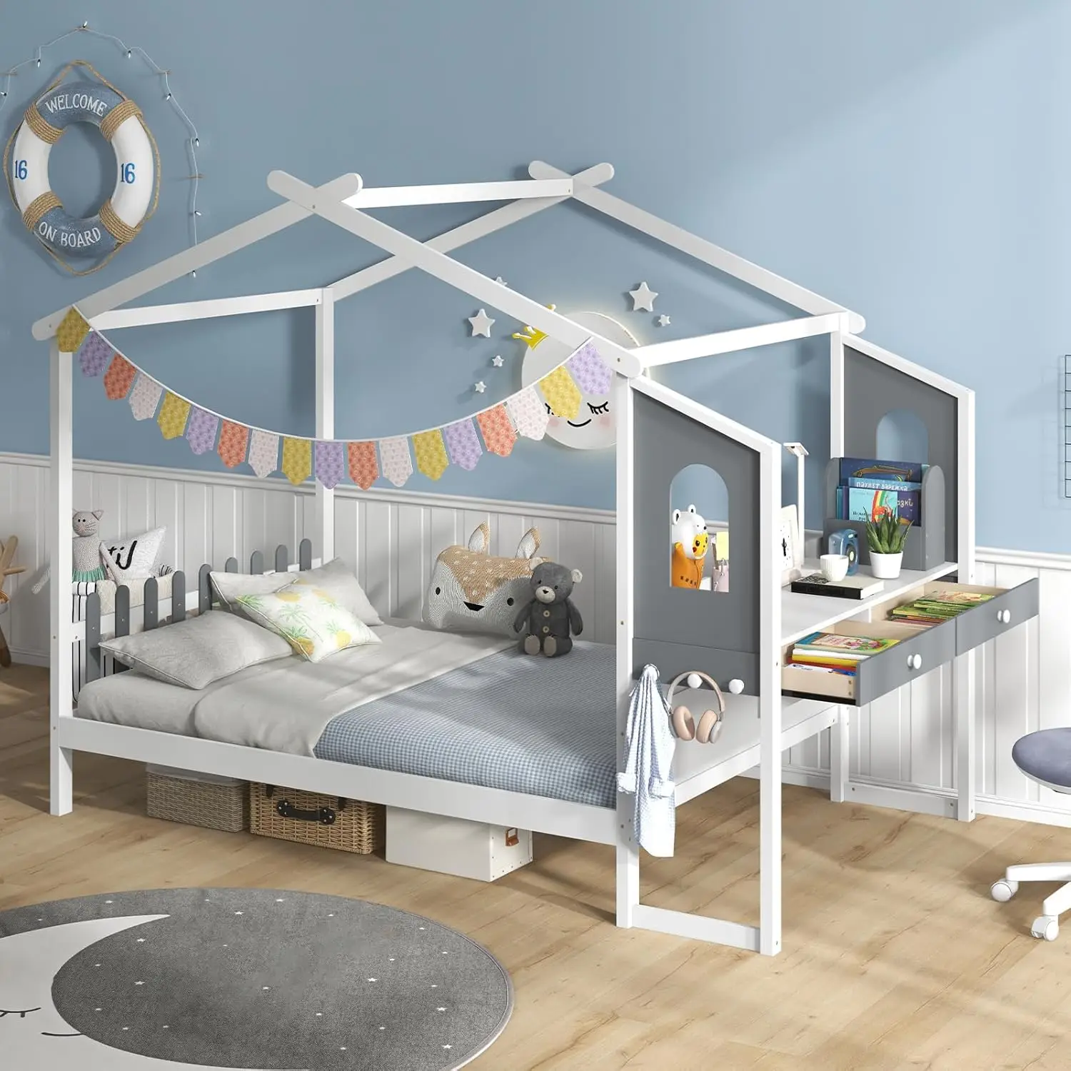 Komfott Full House Bed With Desk, Wood Montessori Bed Frame With House Roof Canopy, 2 Drawers, Modern Playhouse Bed With Fence