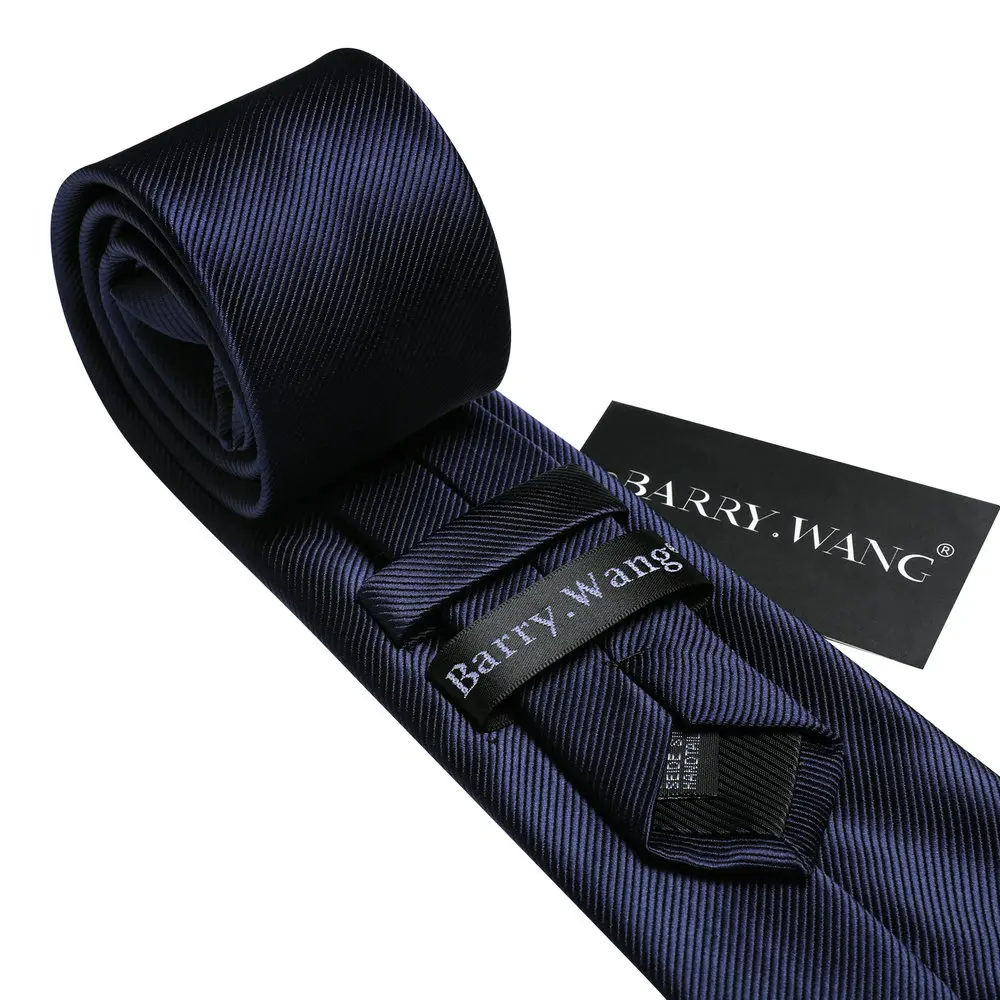 Business Dark Blue Men Accessories Necktie Handkerchief Cufflinks Sets Fashion Silk Solid Ties Designer Party Barry.Wang LN-6473