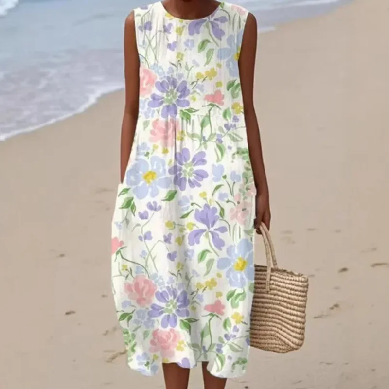Robe longue plissée avec poches imprimées Vintage, col ras du cou, ample, style Boho, sans manches, décontractée, pour la plage, printemps, été