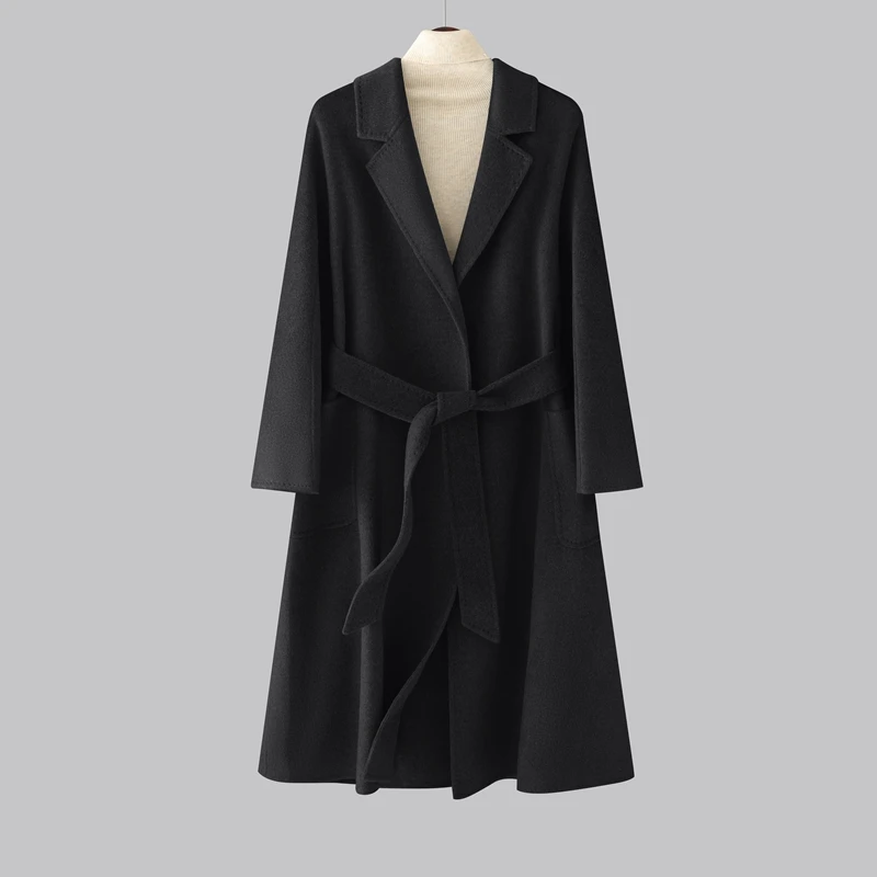 Women's 100% cashmere coat casual solid color lapel coat long double-sided woolen coat cardigan belt pocket