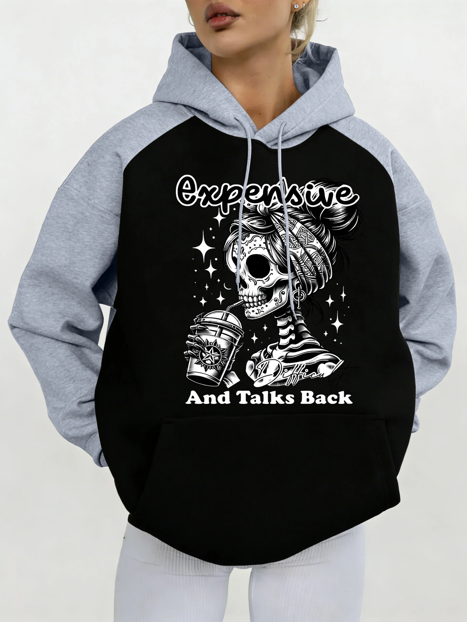

Expensive Talks Back Coffee Skulls Prints Raglan Hoody Women Loose Pocket Hoodies Multicolor Autumn Pullover Fleece Hoodie