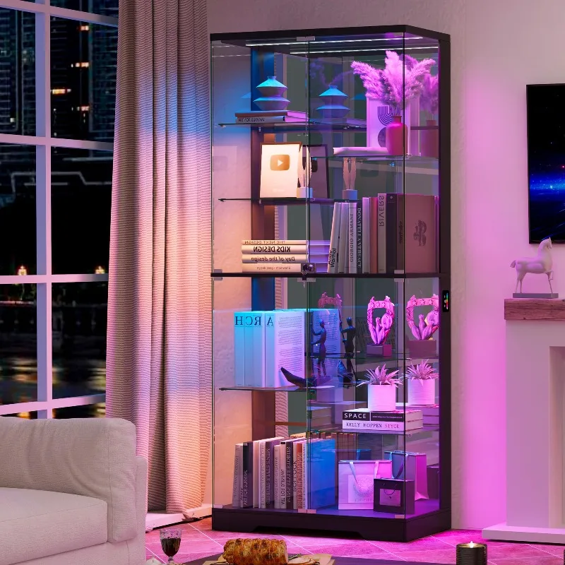 Lockable Display Cabinet with Glass Doors and RGB Lights - Black