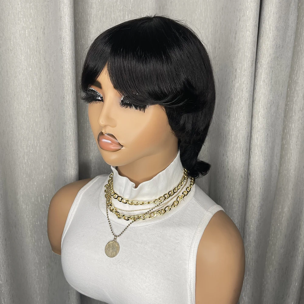 باروكات شعر بشري مفرود قصير، شعر برازيلي بقص عابث، مصنوع آليًا للنساء ذوات البشرة السمراء، شعر مستعار مصنوع آليًا بالكامل