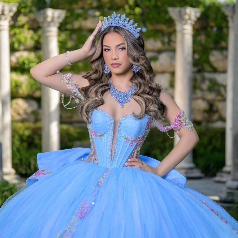 

Light Blue Quinceanera Dresses Off the Shoulder Glitter Flower Crystal Decal Long tail Bow Vestido e 15 Quinceanera Customize