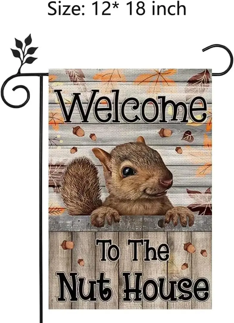 Fall Garden Flag, 12x18 Inch Squirrel Nuts Double Sided Autumn Garden Flags for Outside, Seasonal Garden Flags Hello Holiday Wel