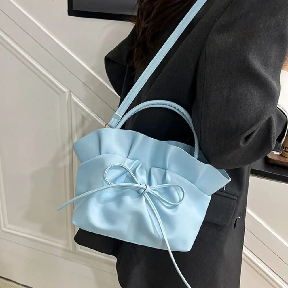 

Shopping Sweet PU Leather Shoulder Bag Large Capacity Pure Color Bowknot Crossbody Bag Ruffles Elegant French Handbag Lady/Girls