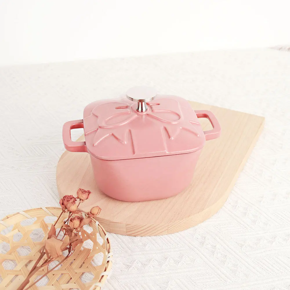 14cm Cute Pink Square Dutch Oven Enameled Cast Iron Pot With Lid Saucepan Casserole Kitchen Accessories Cooking Tools