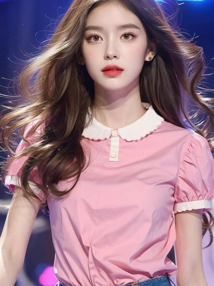 

Милый розовый топ с кукольным воротником для поездок на работу ort Sve Ele, красивый летний новый шелковый женский модный повседневный одяг