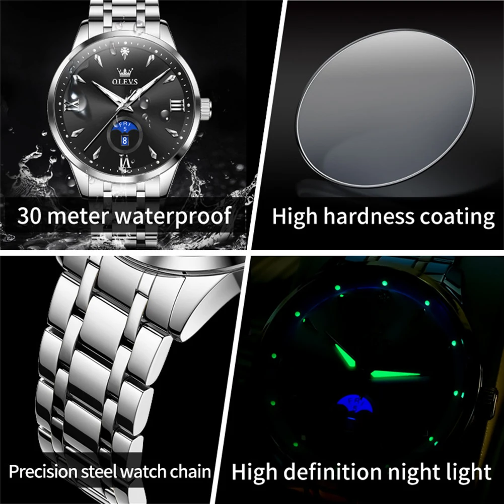 OLEVS 3646 ساعة رجالية موضة ساعة كوارتز أصلية تقويم مزدوج مقاوم للماء ساعة مضيئة الطلب الكبير العلامة التجارية الفاخرة ساعة رجالية
