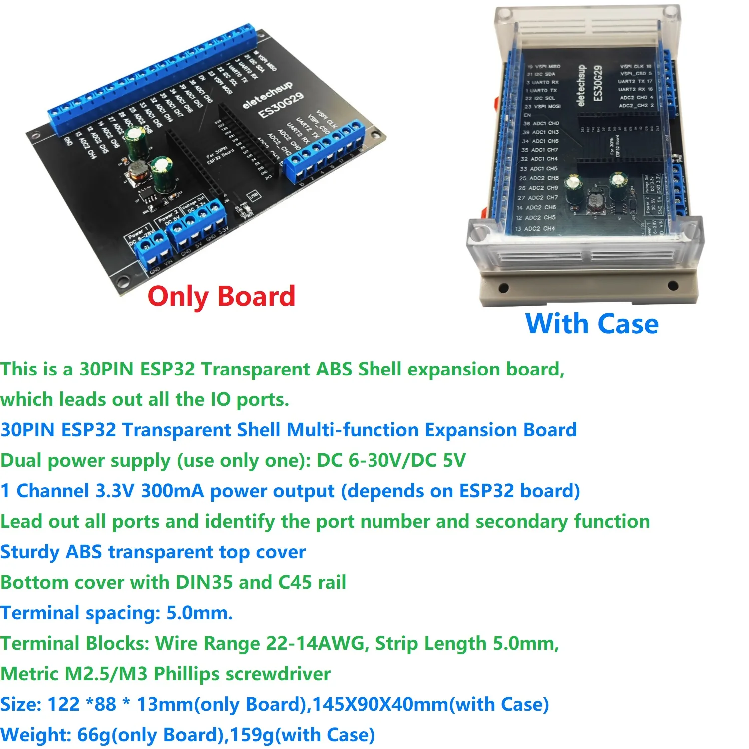 

30PIN ESP32 Devkit V1 Transparent Cover Din Rail Expansion Board DC 5V 12V 24V Power All Pin Led Out Module Wifi Smart Home Diy