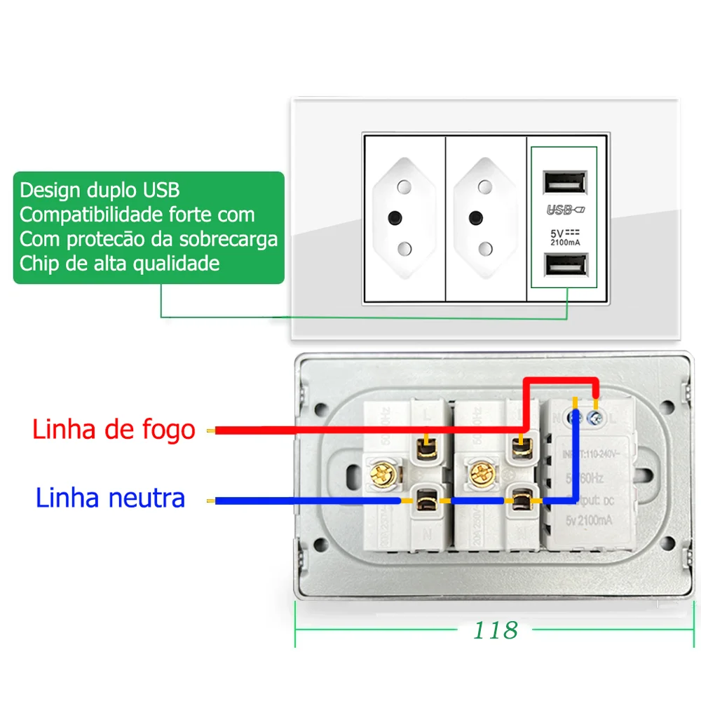 Eiomr 20A Brazil Standard Wall Power Oultet, AC 110V~250V,118mm*75mm Tempered Glass Panel, BR USB Type-C Electrical Socket