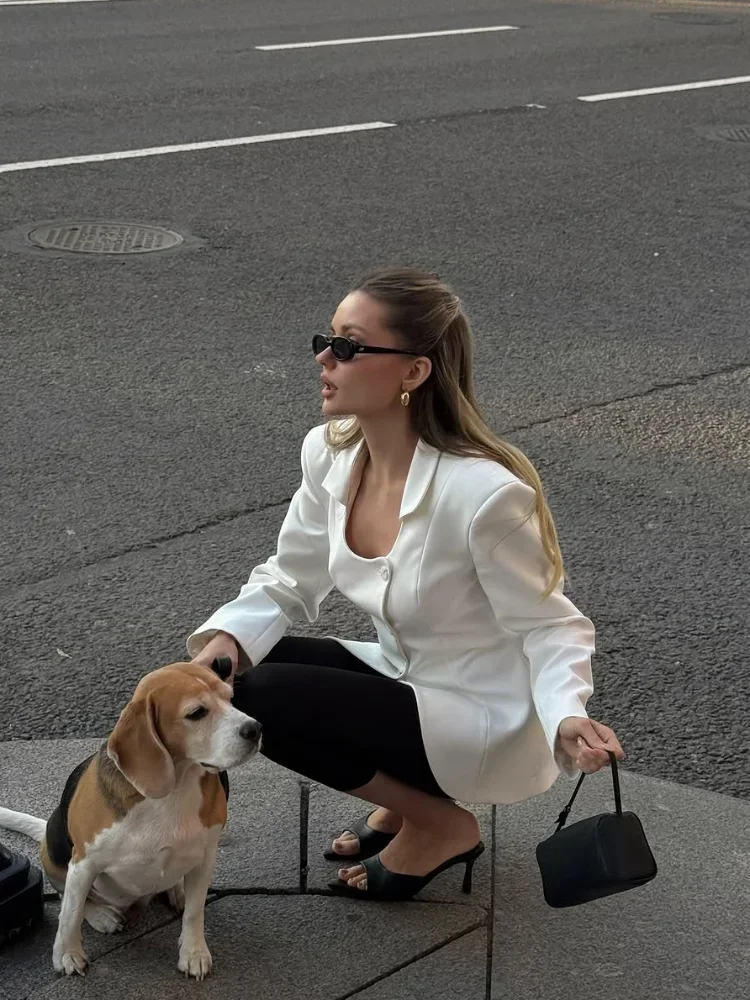 Women White Blazer Waist Cinching Coat U Neck Full Sleeve Single Breasted Jacket Chic Casual Lady Commuter Street Outwear