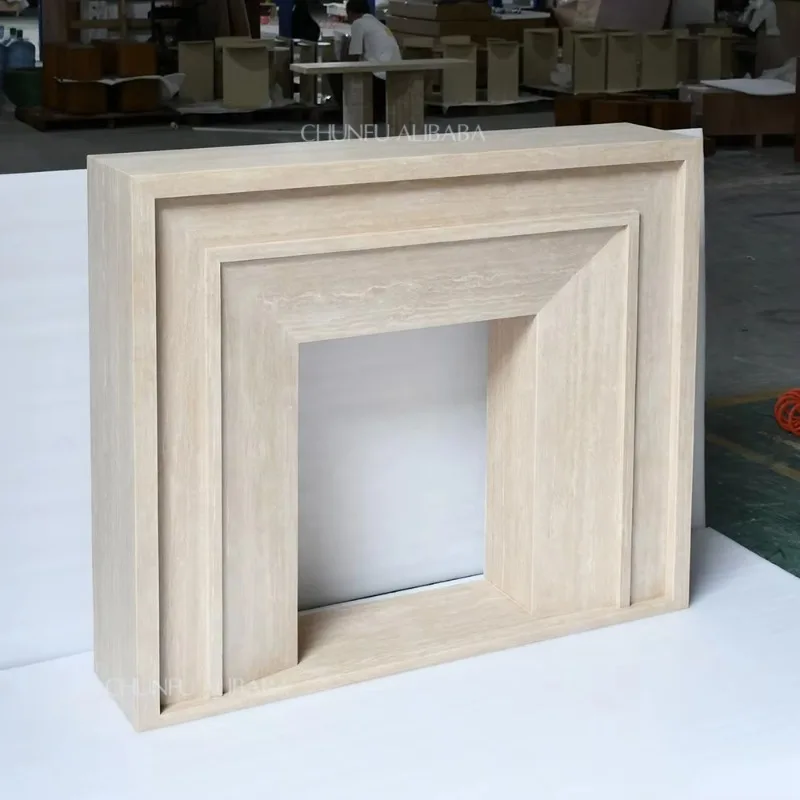 Modern Design Freestanding Travertine Marble Fireplace Pillar Frame Mantel Indoor Natural Stone for Hotels Living Rooms Storage