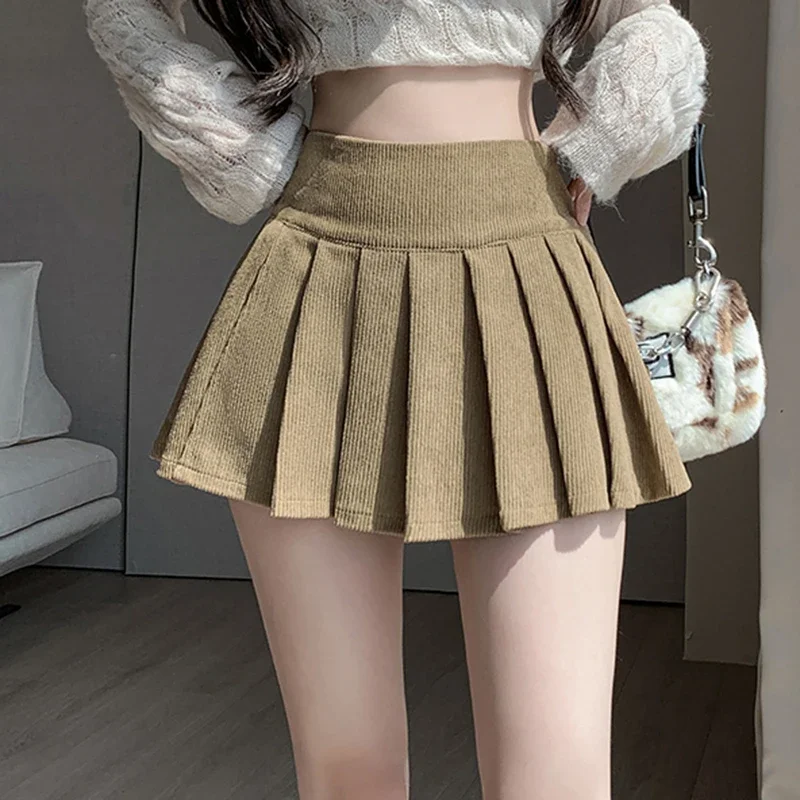 Autumn Winter Retro Women's Corduroy Pleated Skirt 2024 High Waist Casual Vintage School Short Saias Femme
