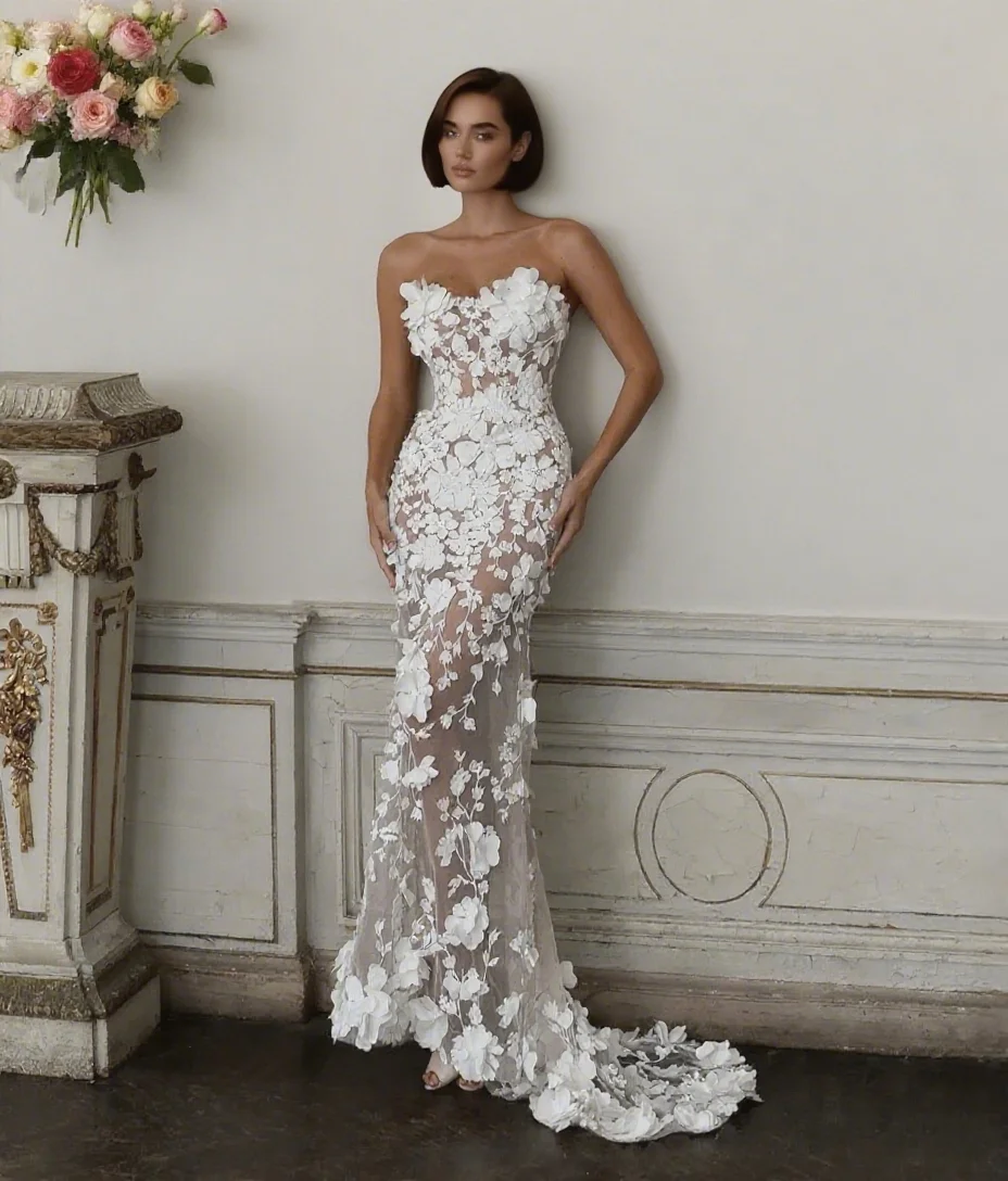 

Wedding Dresses Bridal Gowns 3D Applique Strapless Detachable Train Illusion Bride Dress Vestidos De Novia Customized