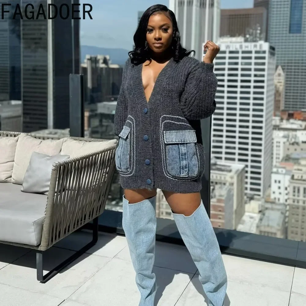 FAGADOER White Knitted Sweater Stitching Tops Women Fashion V Neck Long Sleeve Loose Denim Pocket Patchwork Cardigan Y2K Sweater