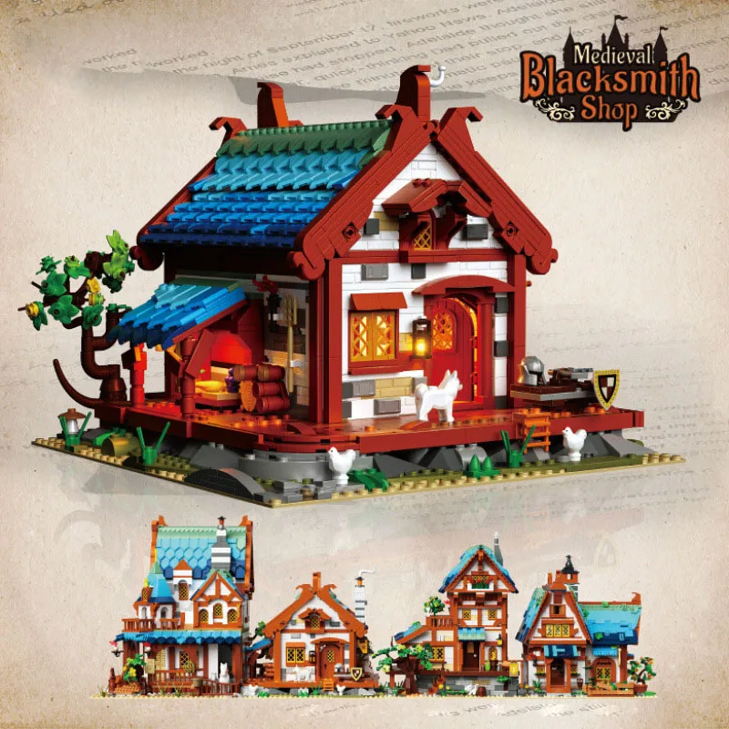 

Creative City Street View Medieval Manor Post Station Blacksmith Pave Pub Mini Block Streetscape Build Brick Vintage House Toy