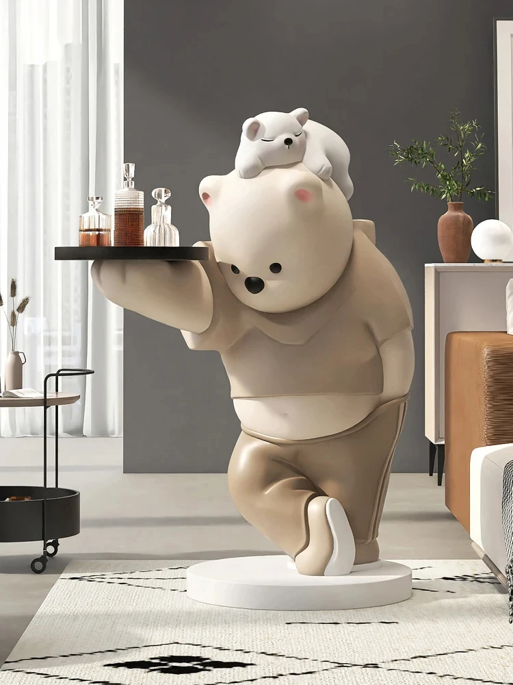 Home Decor Bear Statue Tray Storage Rack Nordic Style Living Room Large Floor Art Ornaments Housewarming Gift Interior Figurines