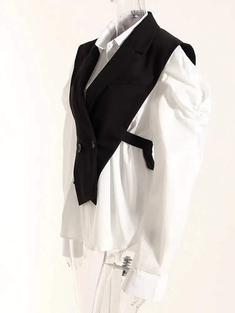 

Black Women White Irregular Belted Pleated Blouse New Lapel Long Sleeve Loose Fit Shirt Fashion Spring Autumn 2026 J6P6