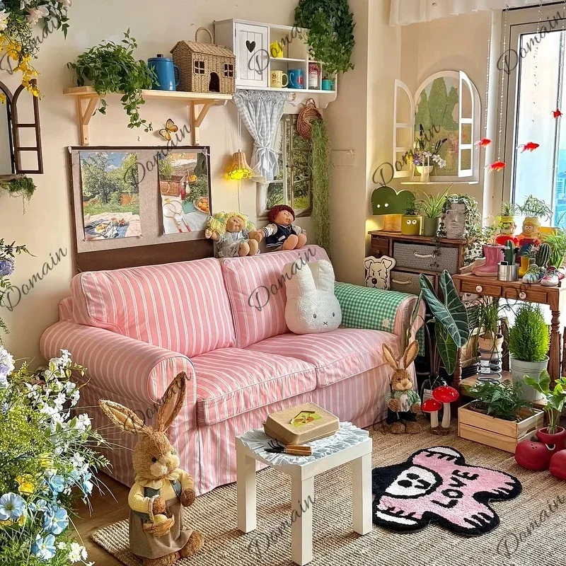 BJ Pink Striped Fabric Sofa Can Be Fully Disassembled And Washed French Retro Pastoral New B & B Apartment