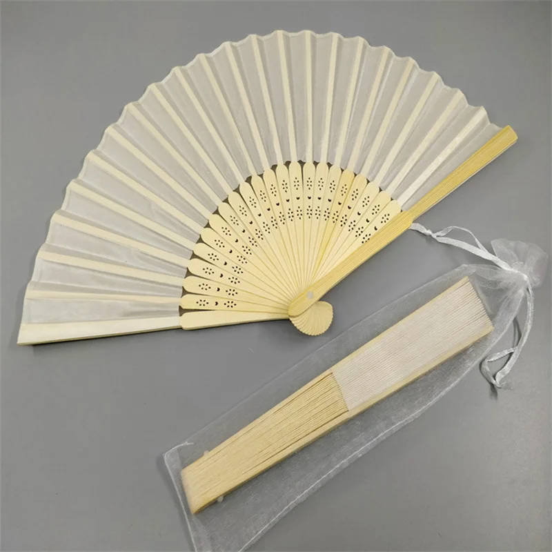 10pcs Folding Elegant Silk Hand Fan With Organza Bag Dance Hand Fan Wedding Party Favor Chinese Crafts Home Decor