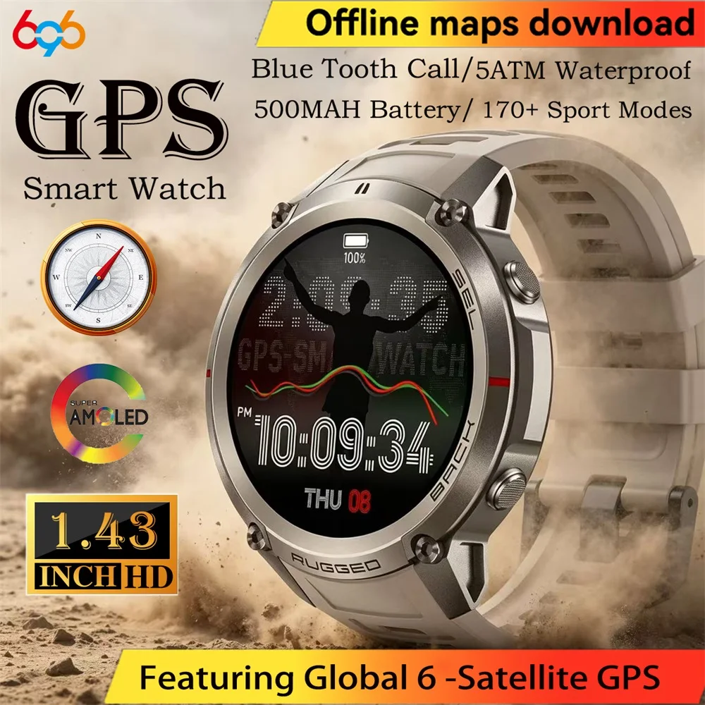 

Мужские умные часы с GPS, загрузкой офлайн-карт, водонепроницаемостью 5ATM, Bluetooth-звонками, компасом, функциями для здоровья и спорта, AMOLED-экраном.