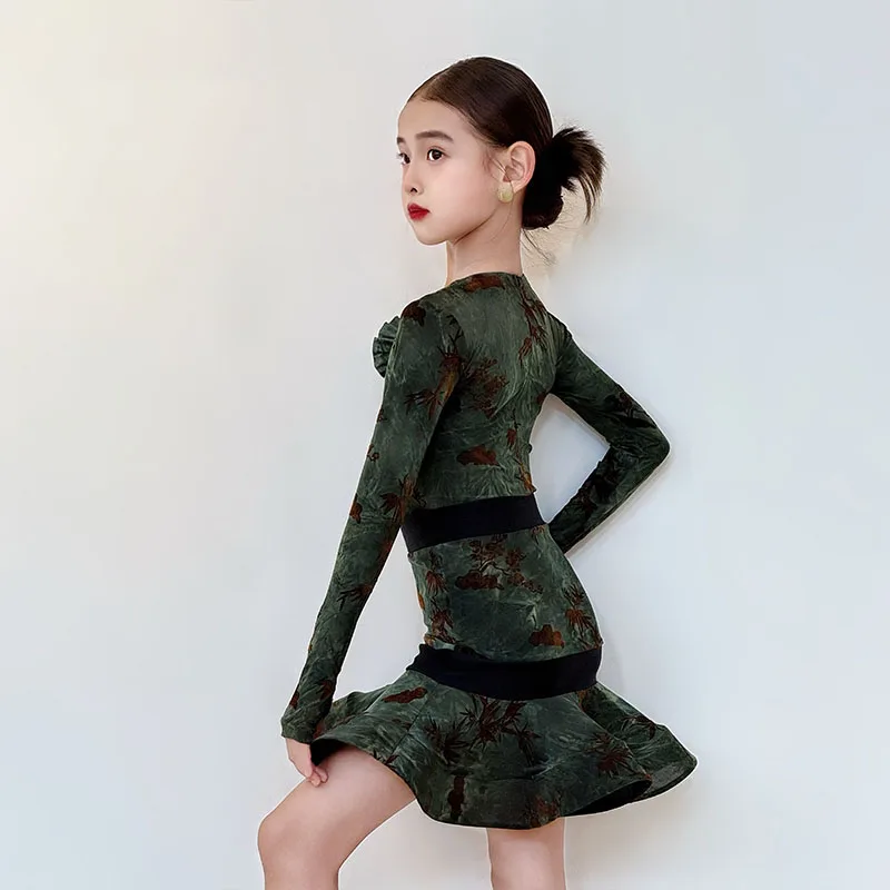 Dziecięce stroje do tańca latynoamerykańskiego dla dziewczynek, zielona sukienka z długim rękawem i fiszbinami, kostiumy do występów, odzież do ćwiczeń tańca cha-cha, DNV25775